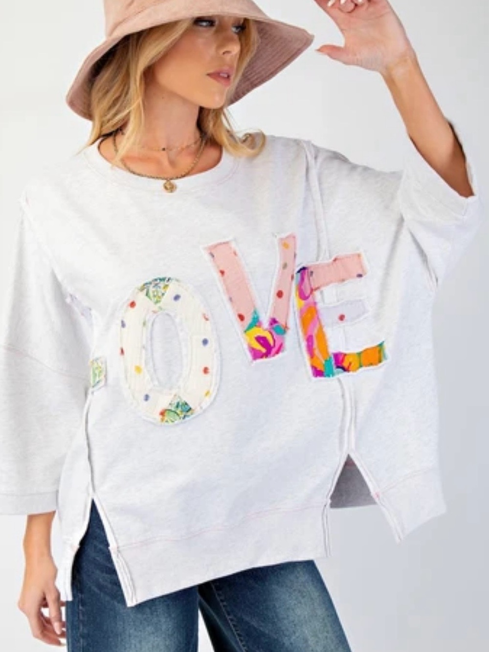 Easel OVERSIZED Sweatshirt with Mixed Print LOVE Light Heather Grey Sz Large